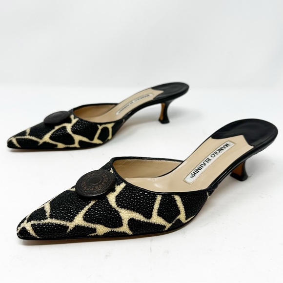 Manolo Blahnik Shoes - Manolo Blahnik Mules Pointed Toe Kitten Heels Size 37.5